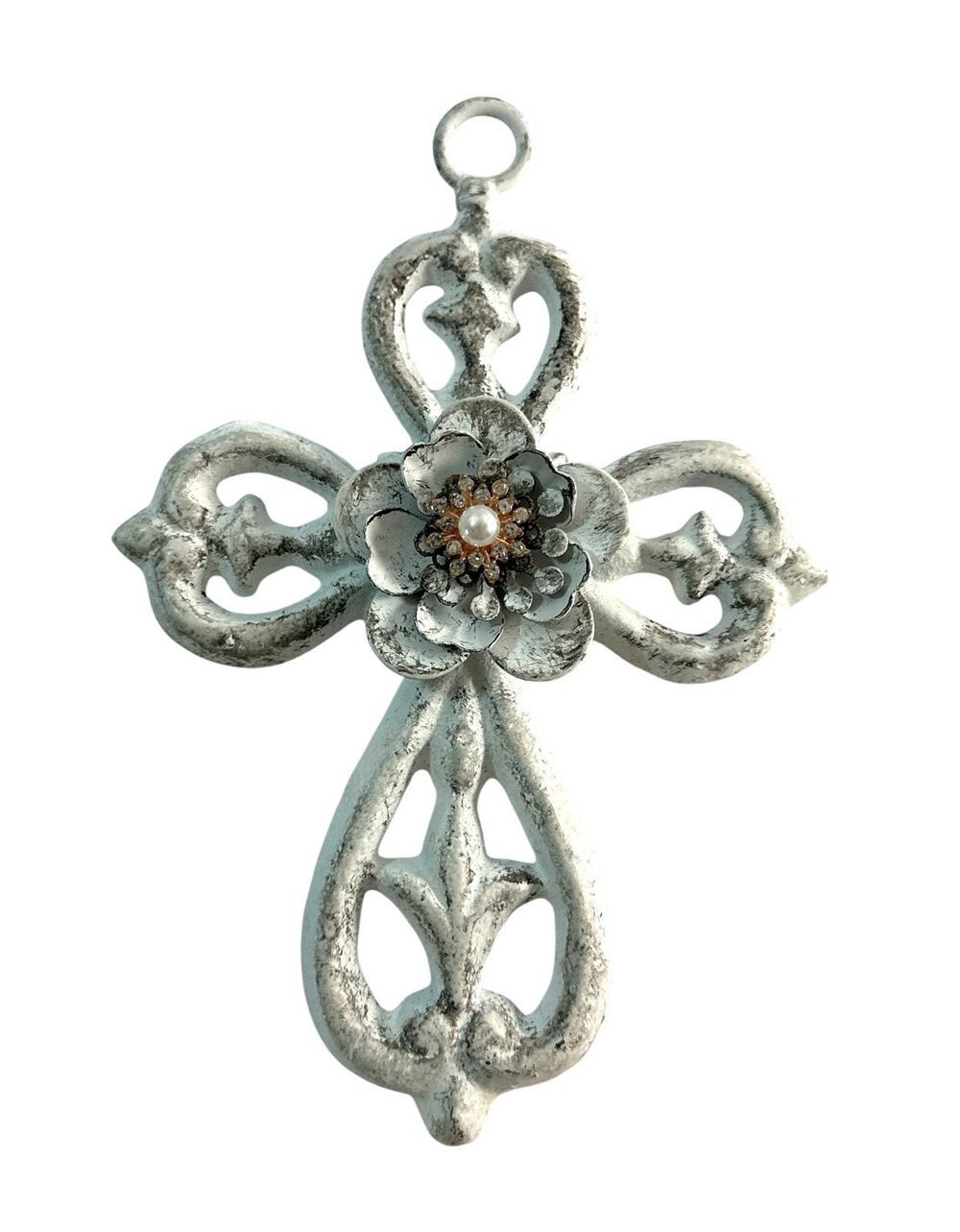 Small Distressed White Cast Iron Cross Wall Hanging Floral Pearl Rhinestone 5.5”